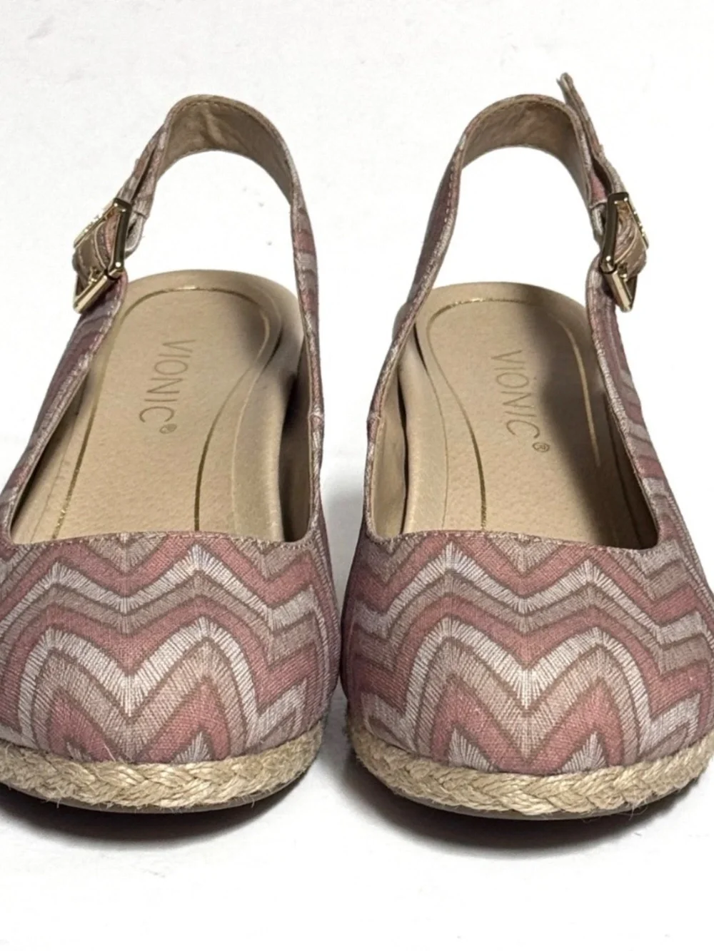 Vionic Coralina Chevron Pink Womens 7.5W Wide Espadrilles Wedge Comfort Heels